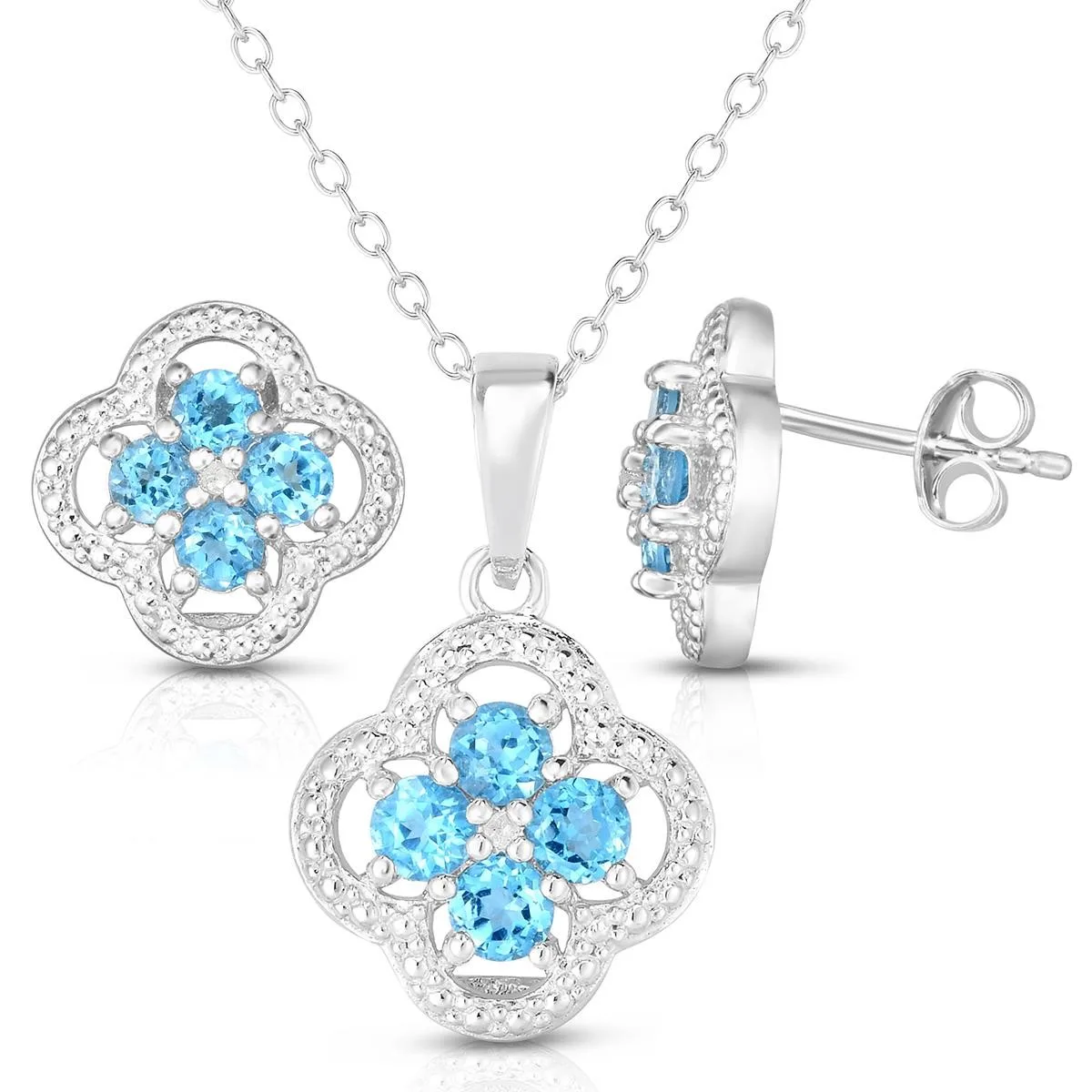 Jilco Inc Blue Topaz & Diamond Quatrefoil Earring & Necklace Set