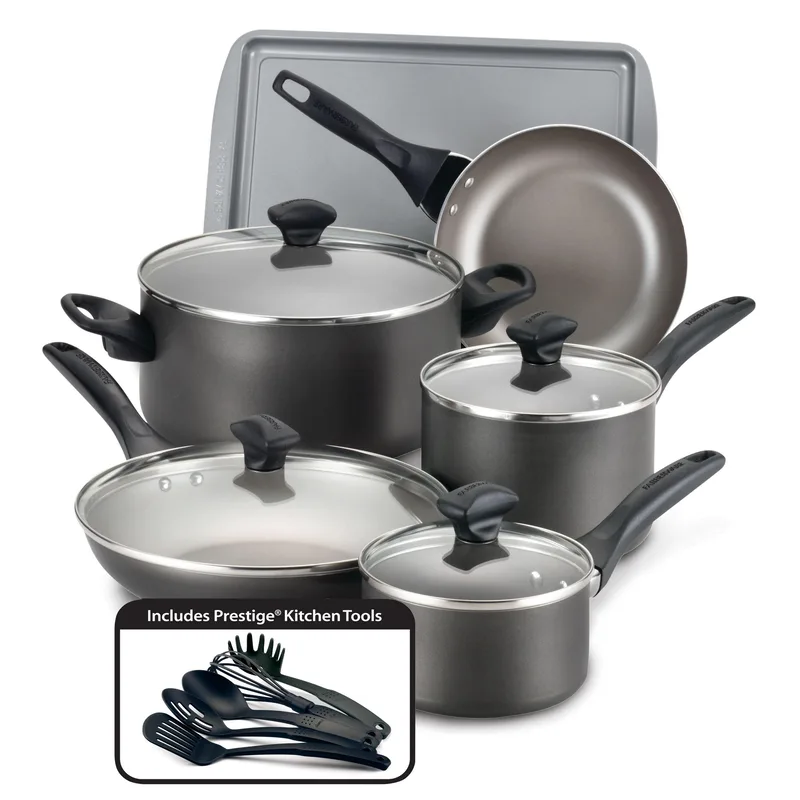 Farberware 15 Piece Dishwasher Safe Pewter Nonstick Cookware Set