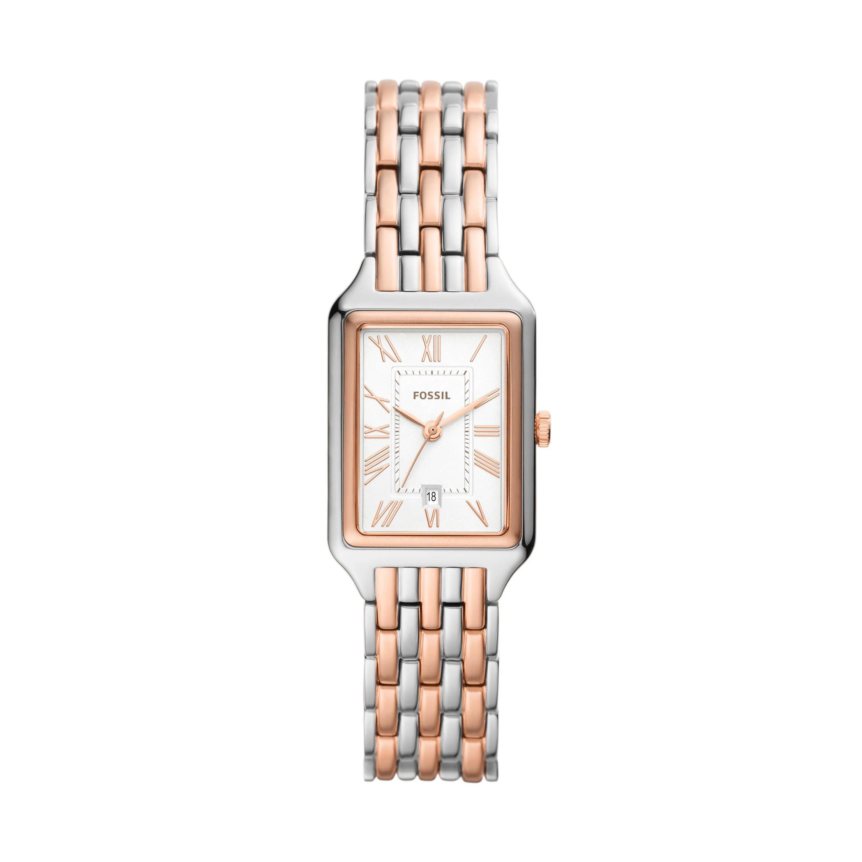 Fossil Ladies' Raquel 2-Tone Rectangular Stainless Steel Watch Silver Dial