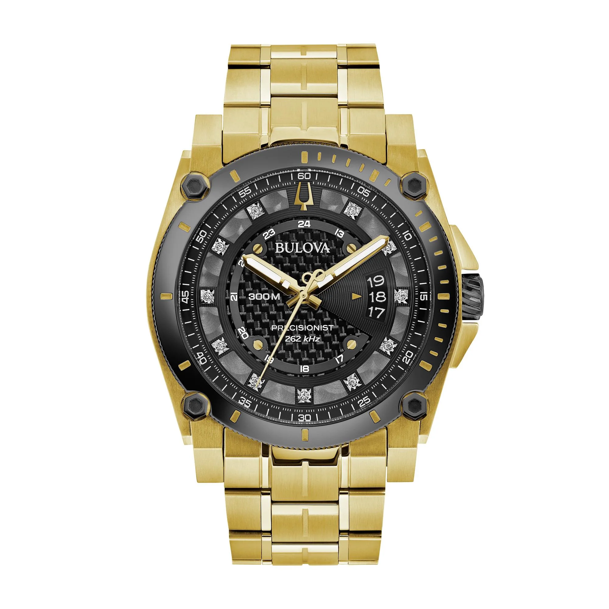 Bulova Watches Men's Precisionist Gold Bracelet Watch w/Black Dial And Diamonds