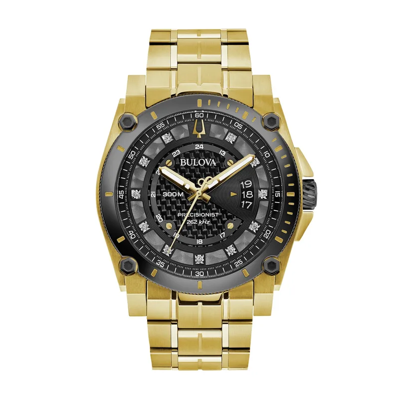 Bulova Watches Men's Precisionist Gold Bracelet Watch w/Black Dial And Diamonds