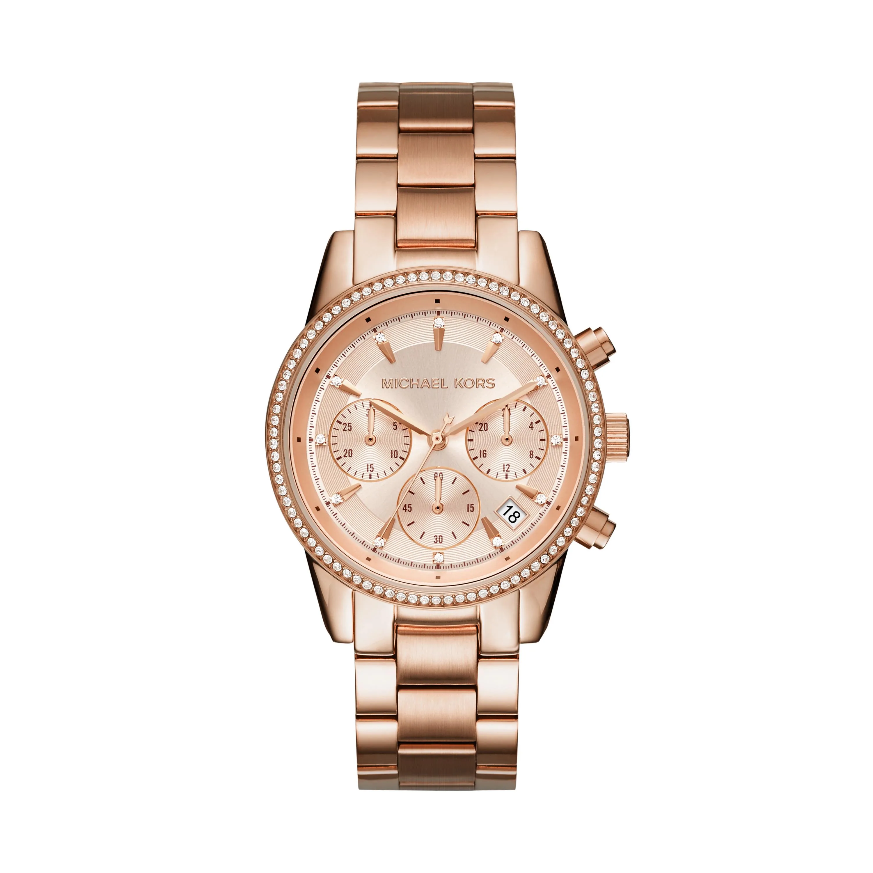 Michael Kors Ladies Ritz Pave Rose Gold-Tone Ss Watch Rose Gold Dial