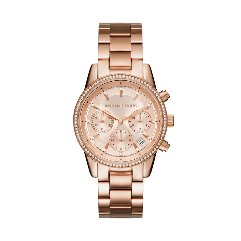Michael Kors Ladies Ritz Pave Rose Gold-Tone Ss Watch Rose Gold Dial