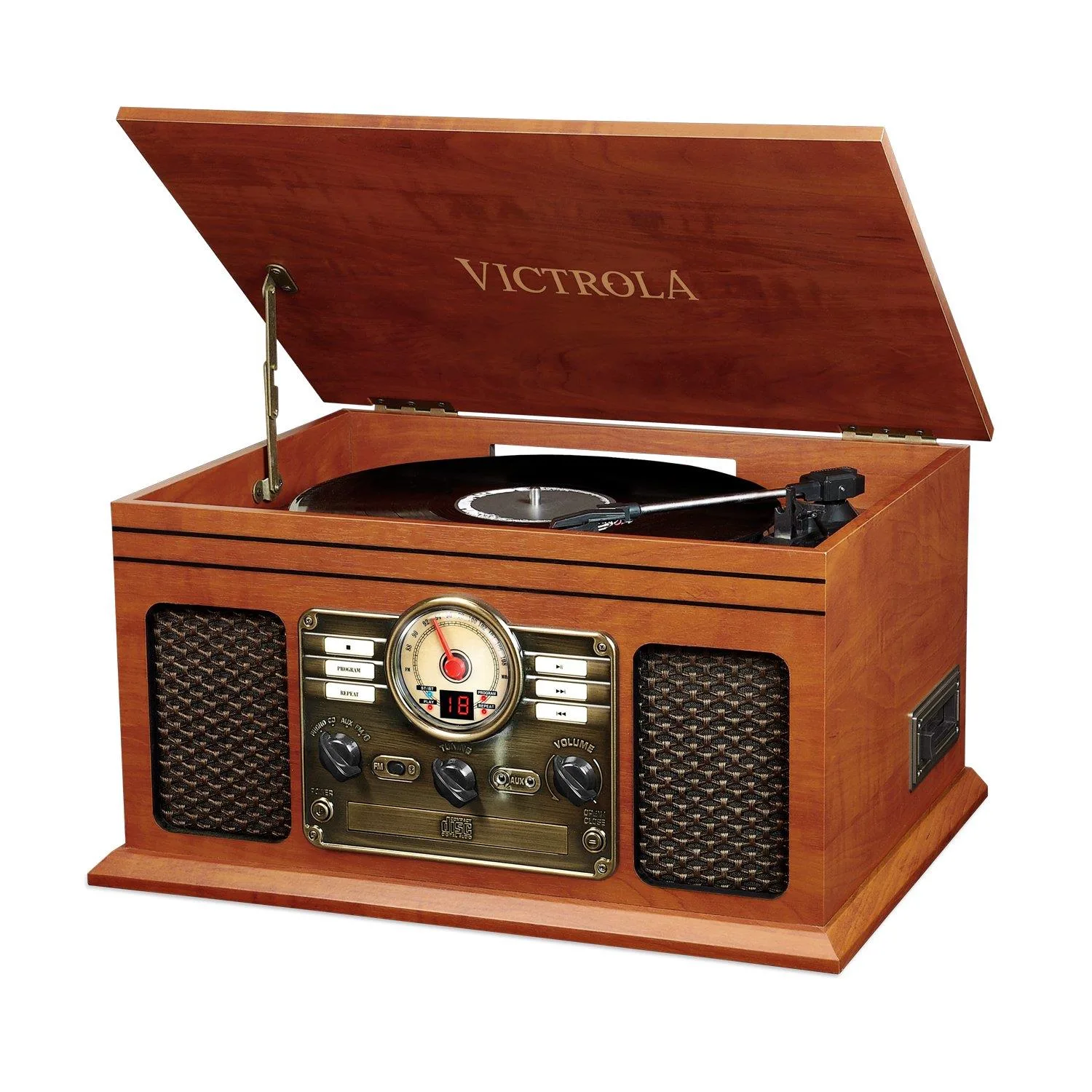 Victrola Nostalgic Classic Wood 6-In-1 Bluetooth Turntable Entertainment Center, Mahogany