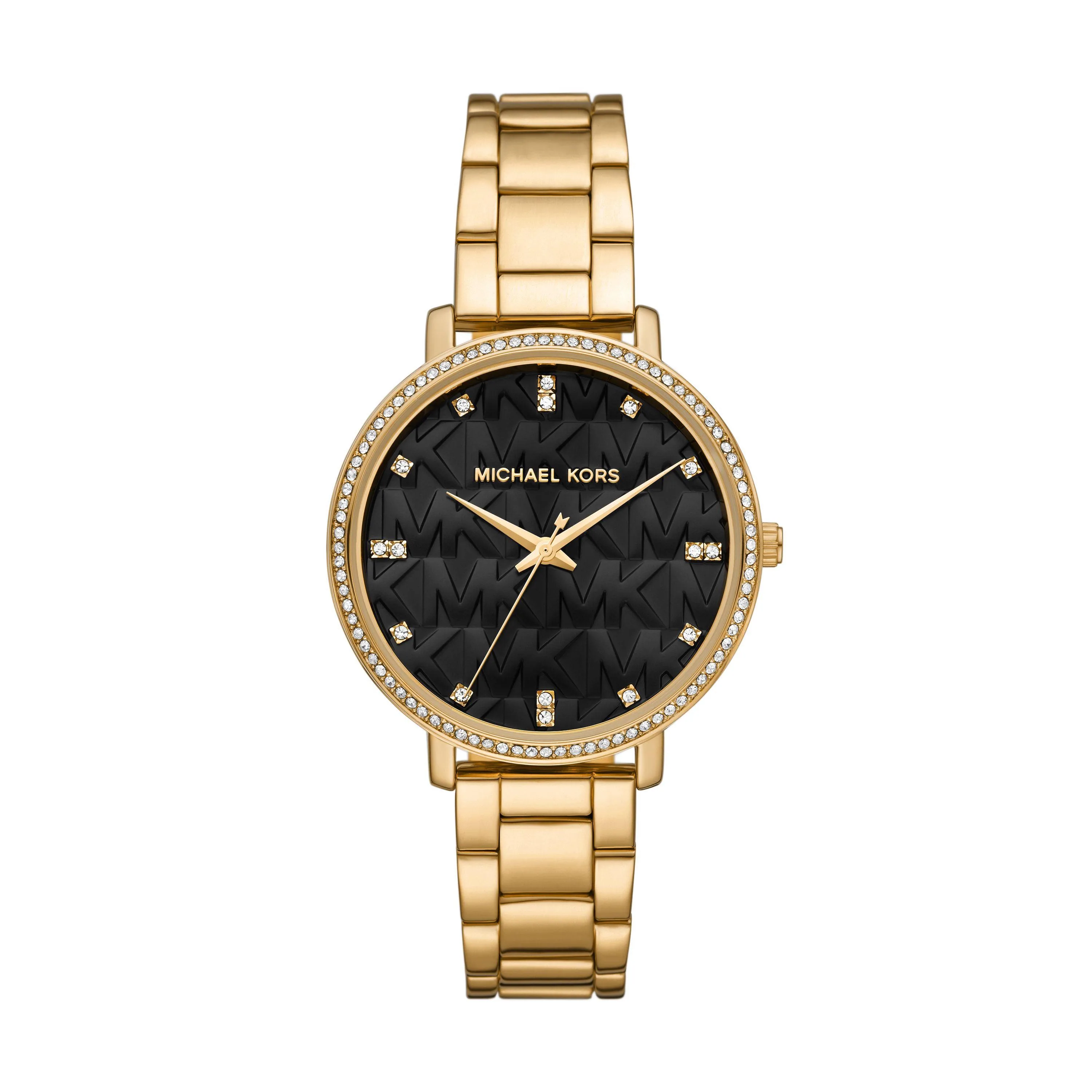 Michael Kors Ladies Pyper Gold-Tone Stainless Steel Crystal Watch Black Dial