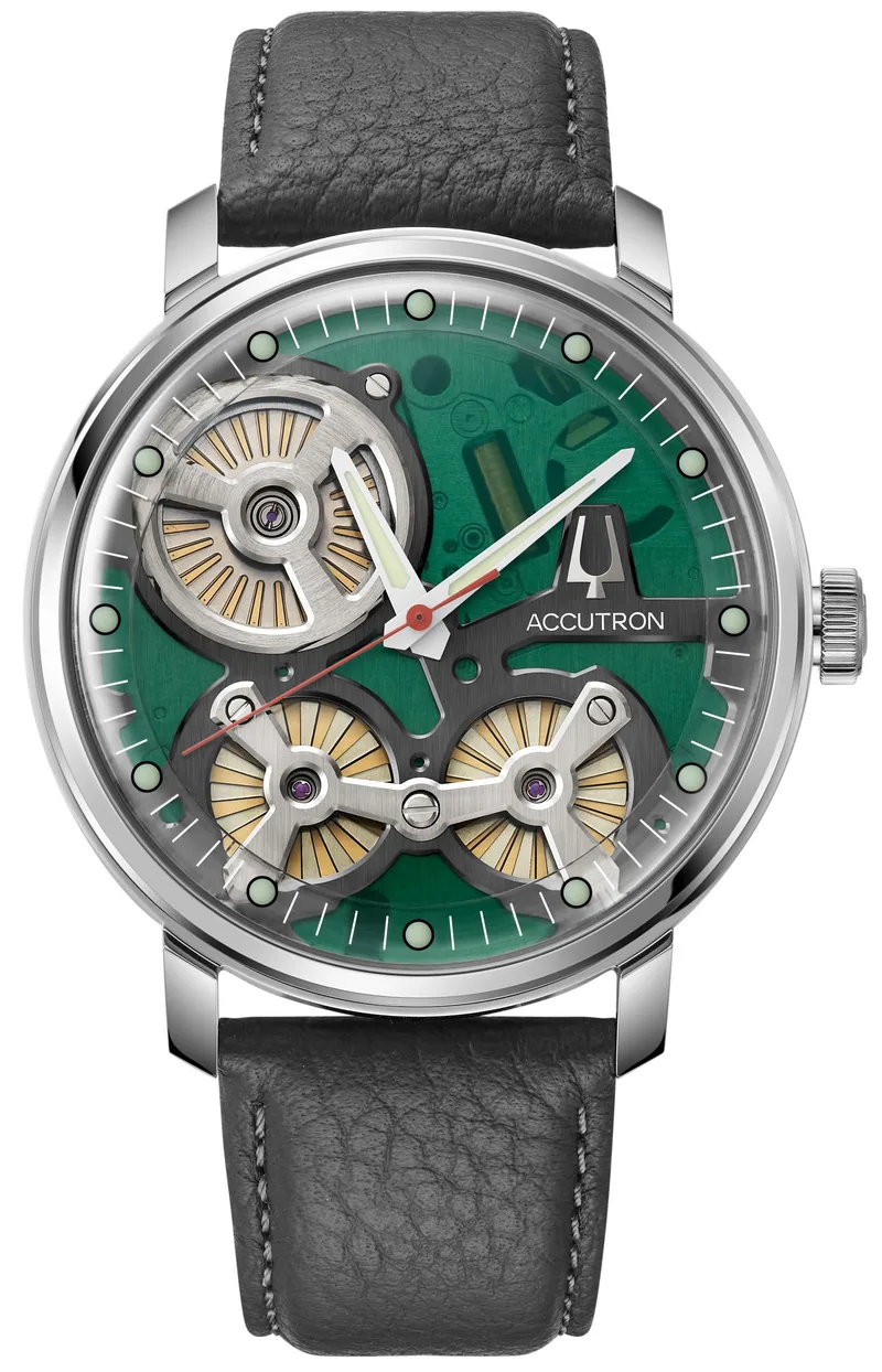 Accutron Spaceview Collection - Stainless Steel Case Gray Leather Strap Strap w/Green Dial Watch