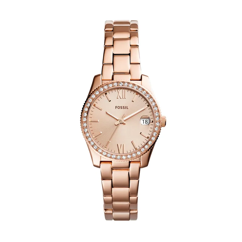 Fossil Ladies Scarlette Rose Gold-Tone Crystal Watch Rose Gold Dial