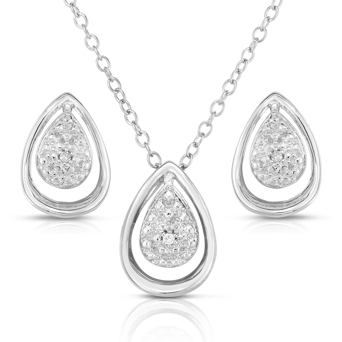 Jilco Inc Diamond Tear Drop Earring & Necklace Set - Sterling Silver
