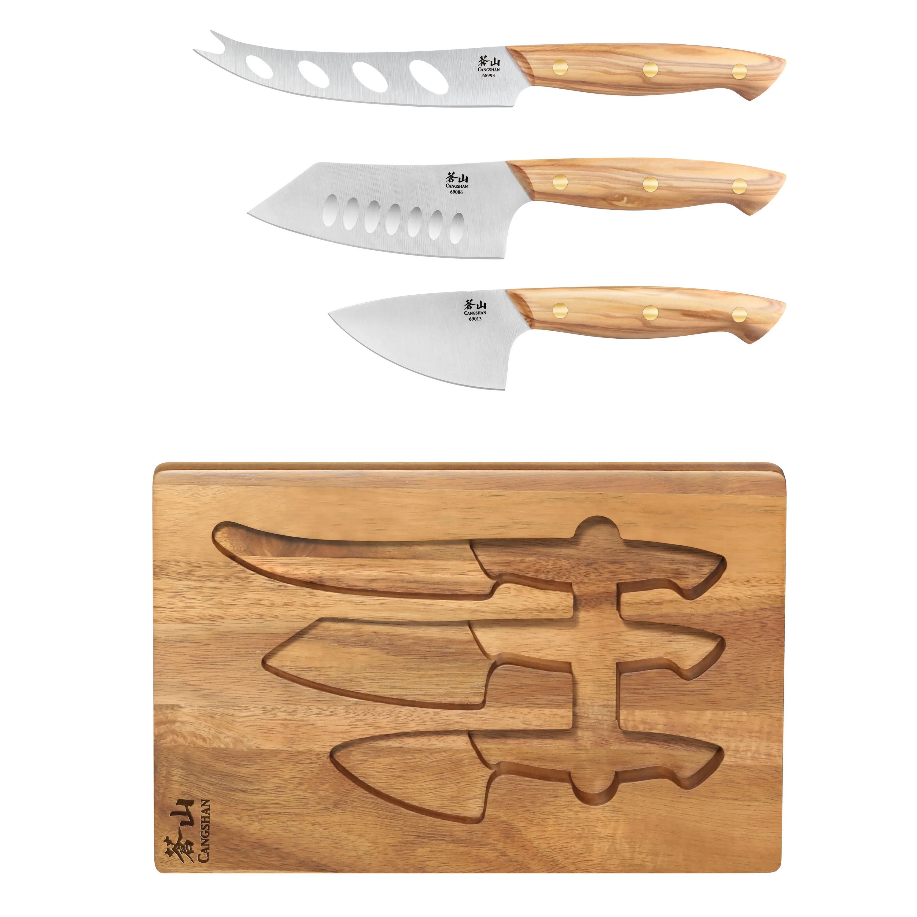 Cangshan 3-Piece Oliv Cheese Knife Set W/Acacia Cheese Board