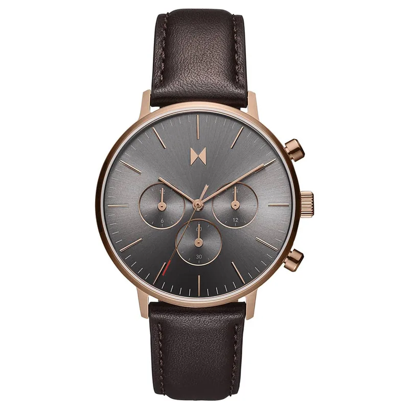 MVMT Mens Legacy Traveler Dual Time Grizzly Brown Leather Strap Watch Gray Dial