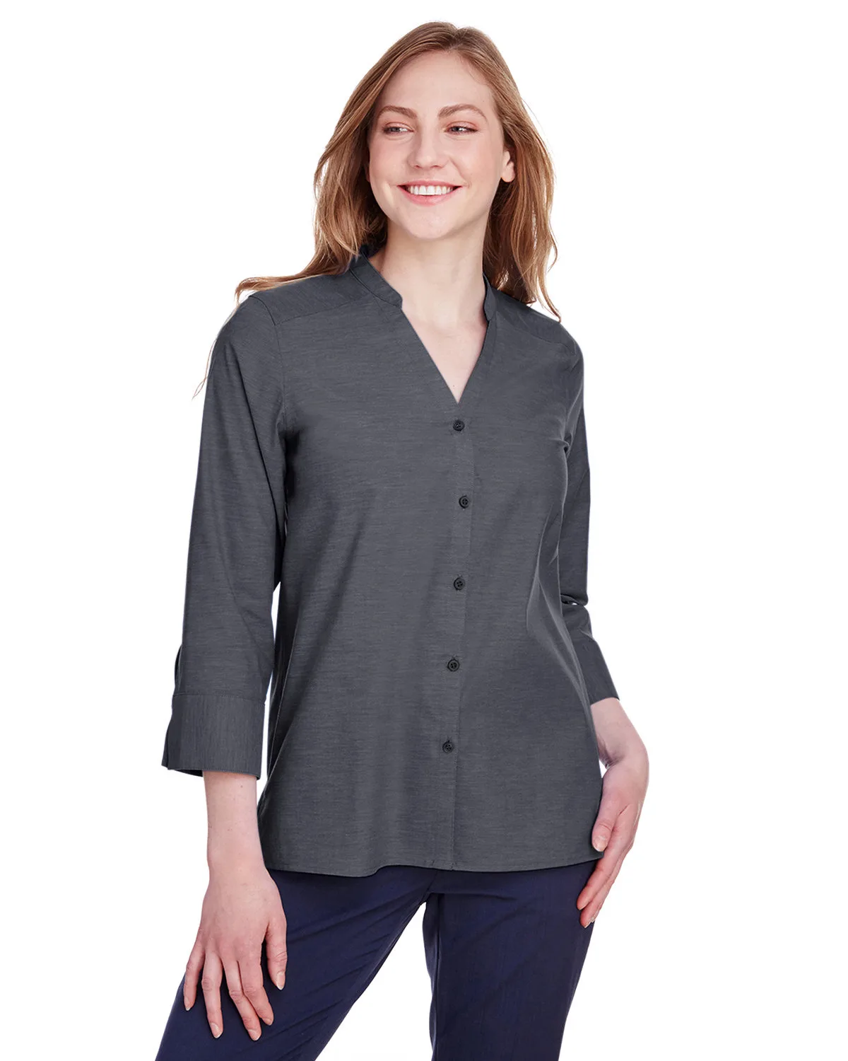 Devon and Jones Ladies' Crown Collection® Stretch Pinpoint Chambray Three-Quarter Sleeve Blouse