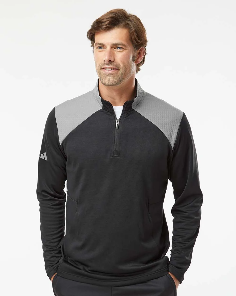 Adidas® Textured Mixed Media Quarter Zip Pullover