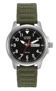Citizen® Men's Eco-Drive® Military Watch w/Black Dial & Buckle Clasp Green Strap