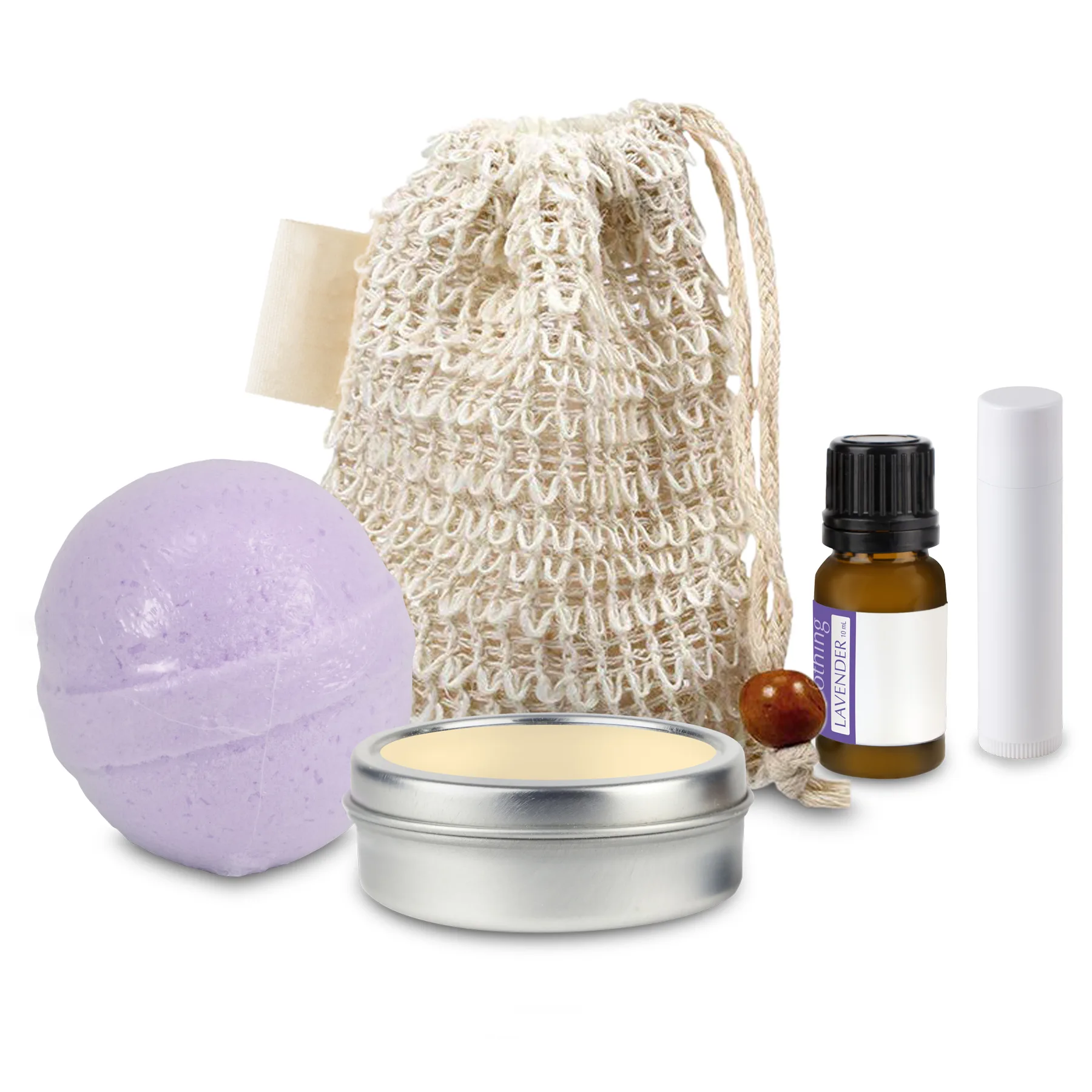 Loofah Bag with Bath Bomb, Candle Tin, Essential Oil, and Lip Balm view 2