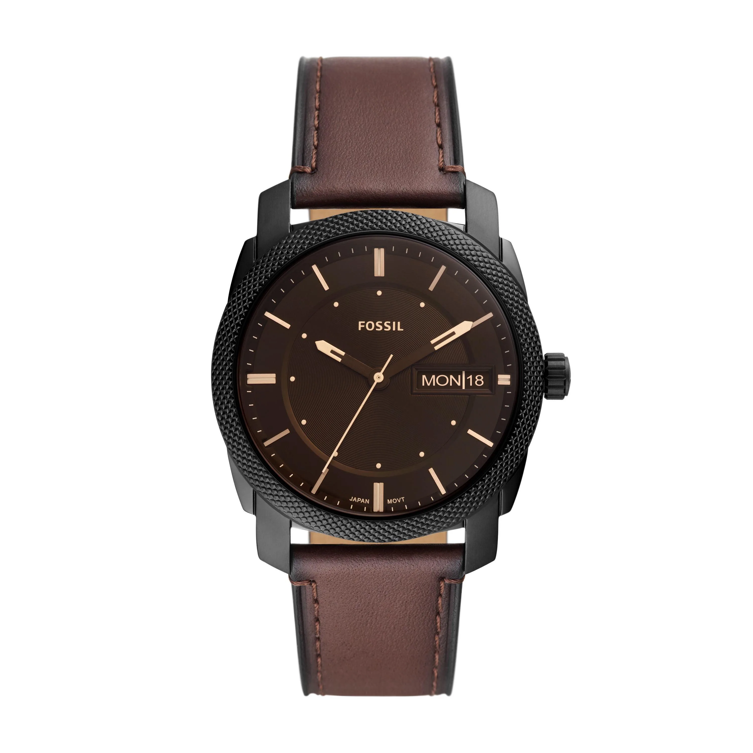 Fossil Men's Machine Black & Brown Leather Strap Watch Brown Dial