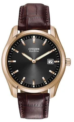 Citizen® Men's Corso Eco-Drive® Watch, Black Dial w/Rose Gold & Brown Strap