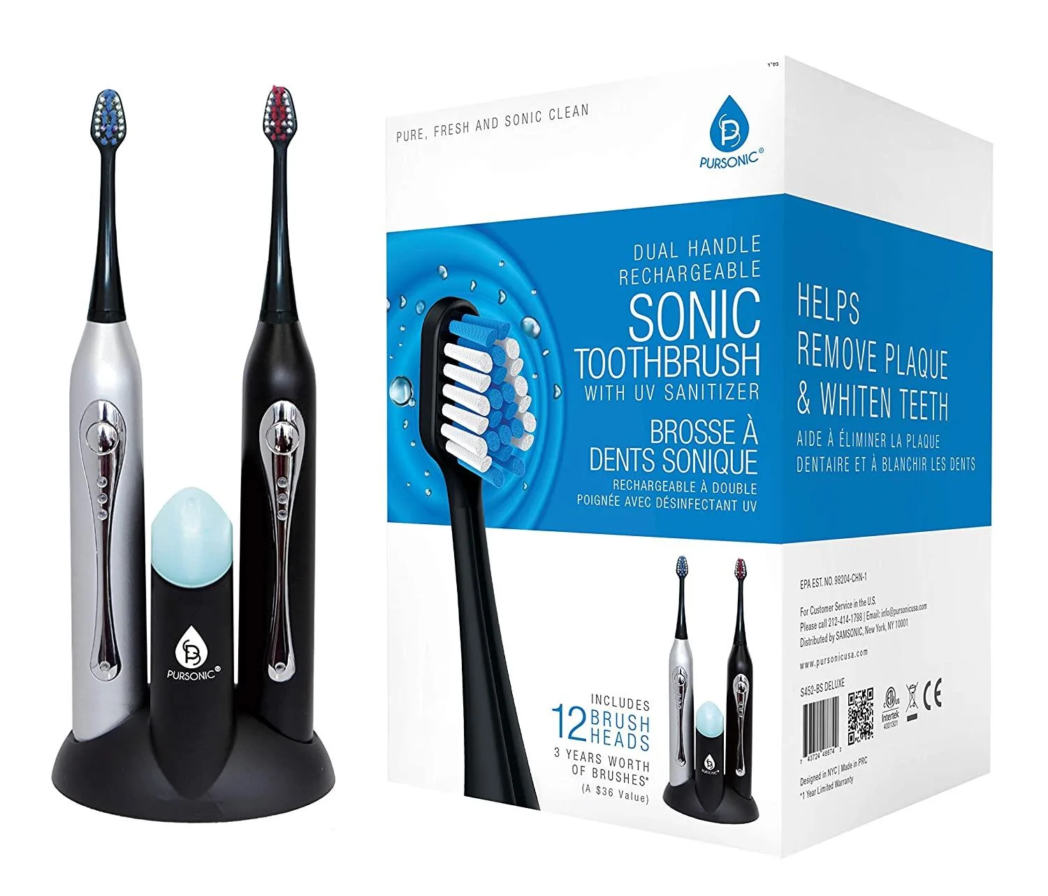 Pursonic Dual Handle Sonic Toothbrush w/Uv Sanitizer - Black & Silver