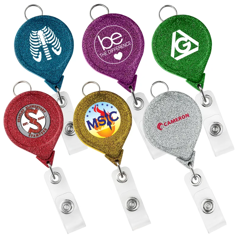 JUMBO Round Glitter Retractable Badge Reel w/lanyard attachment