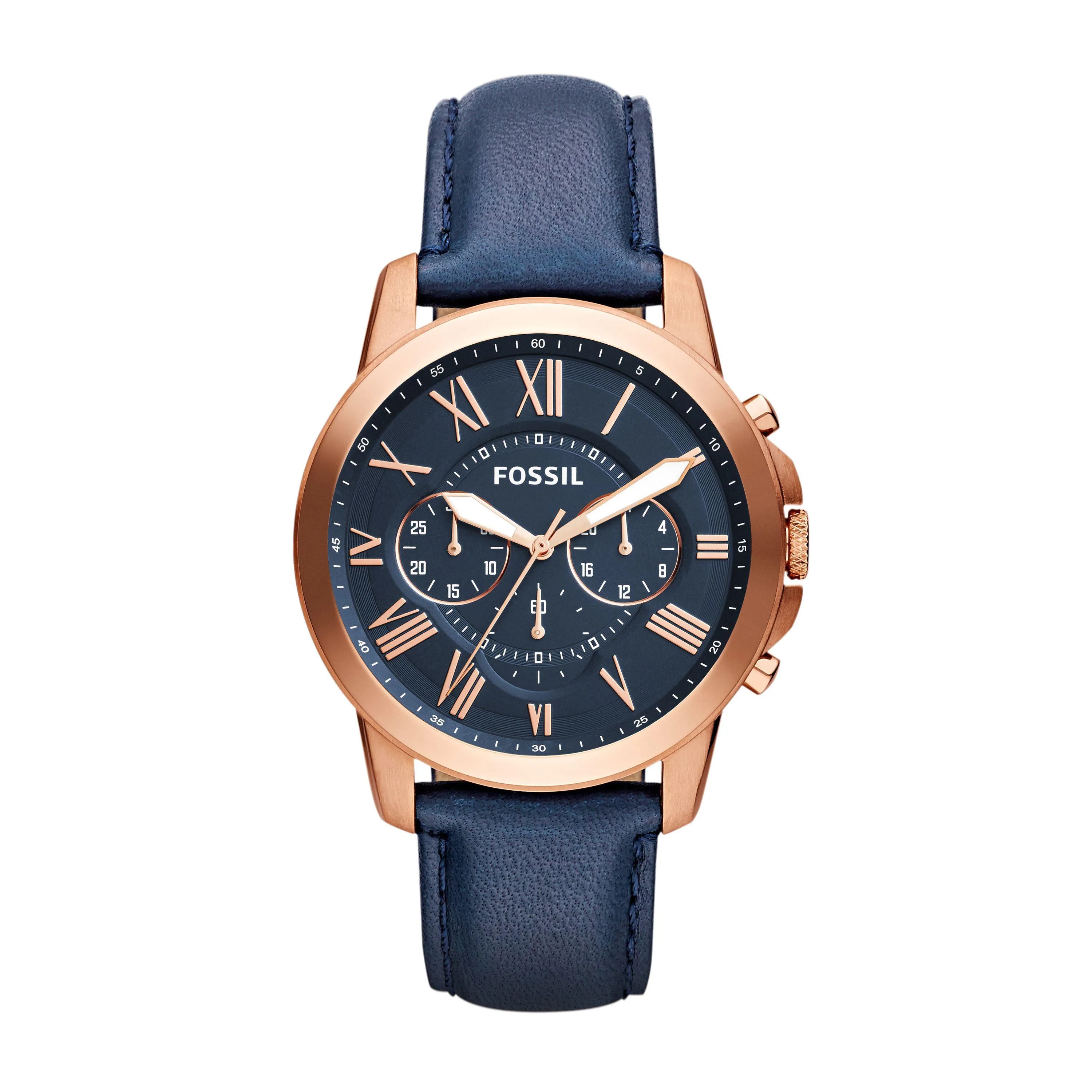 Fossil Men's Grant Chronograph Rose Gold & Navy Leather Strap Watch Navy Dial