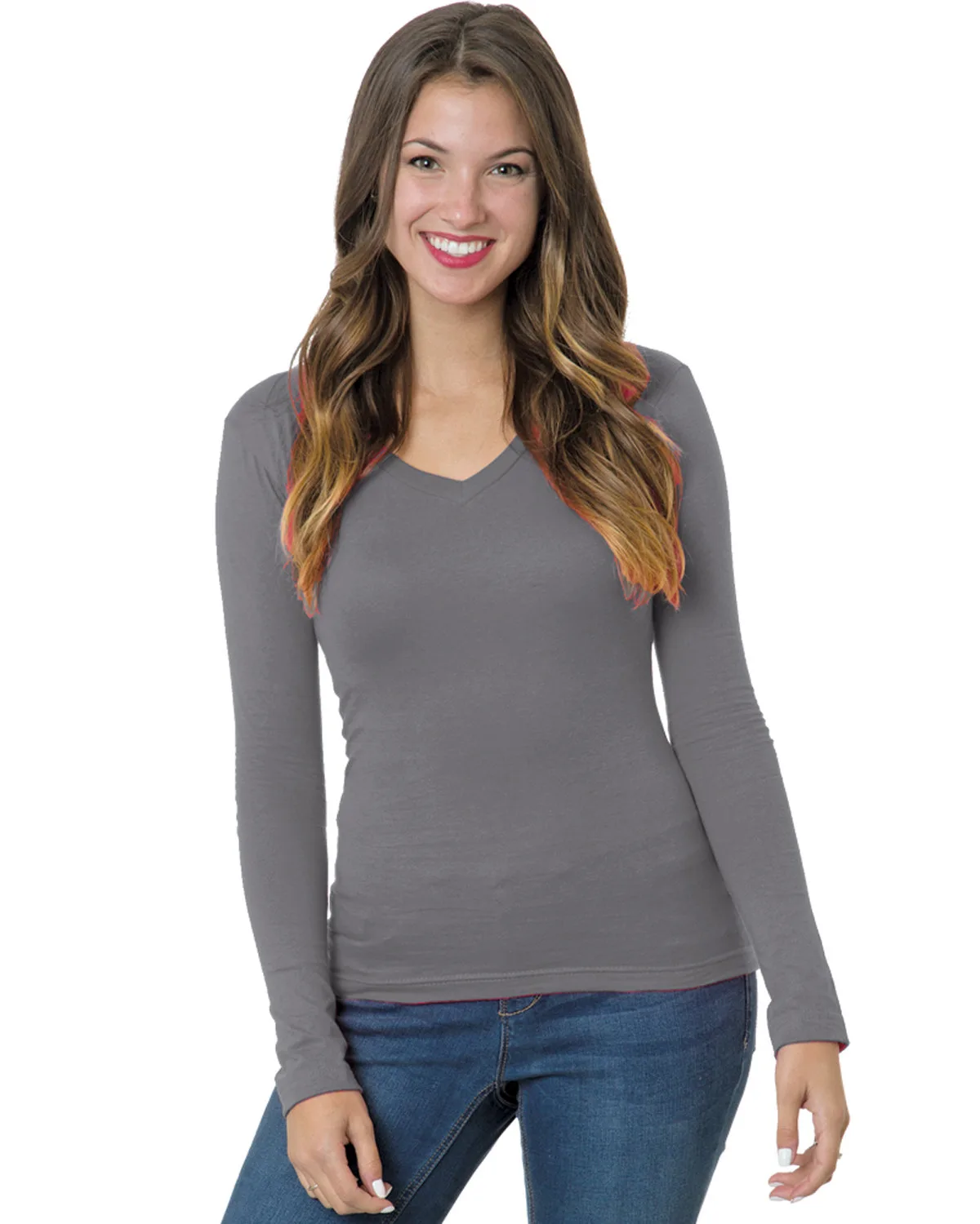 BAYSIDE Ladies' USA Made Long-Sleeve Deep V-Neck T-Shirt view 3