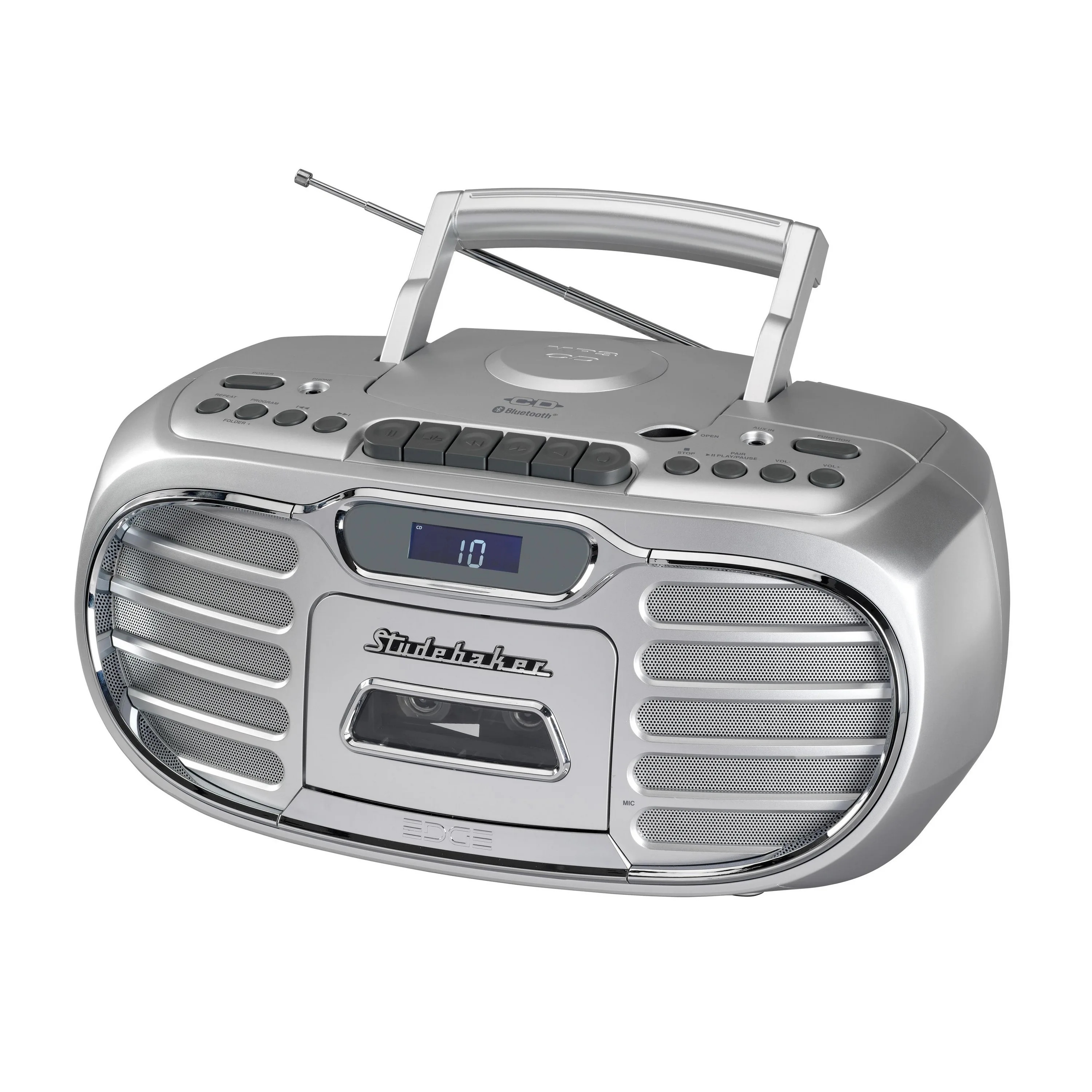 Studebaker Retro Edge Big Sound Bluetooth Boombox w/Cd/Cassette Player-Recorder Am/Fm Radio - Silver