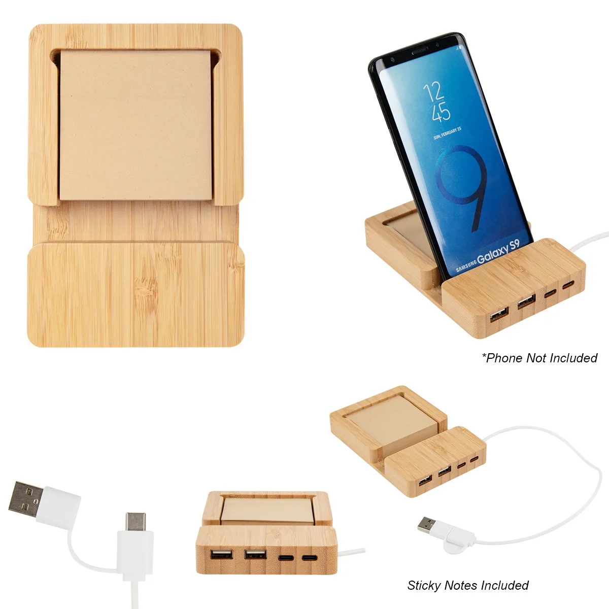 Bamboo Multi-port Hub With Phone Holder & Sticky Notes view 3