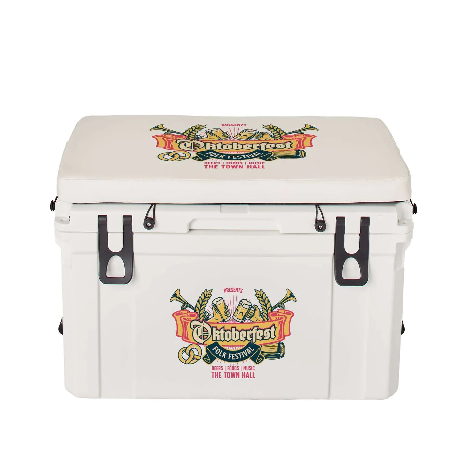 45L Bench Cooler, Front and Cushion Imprint view 4