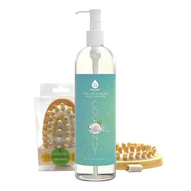 Pursonic Nourishing Beauty Bundle: Fractionated Coconut Oil (16 Oz) & Boar Bristle Bath Brush