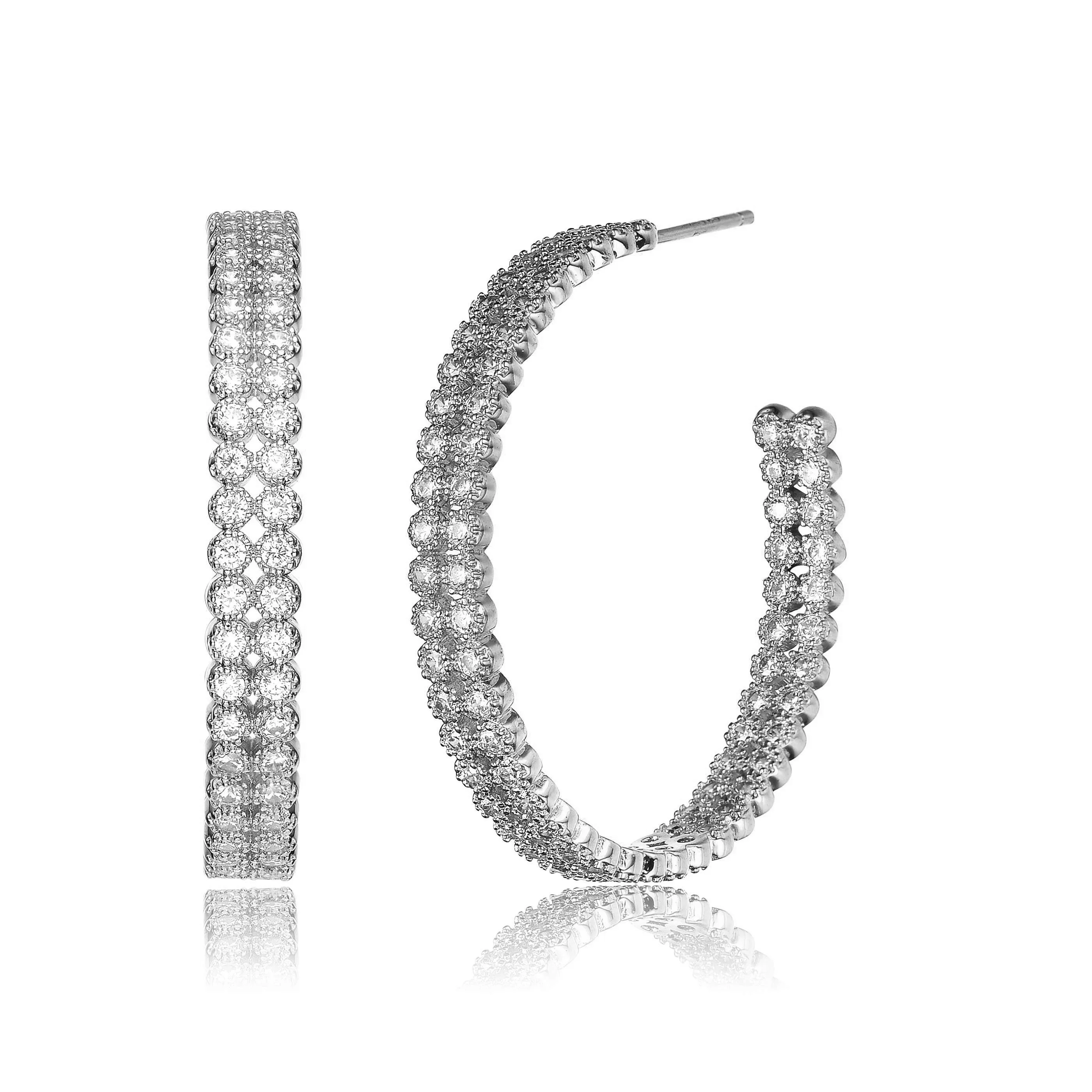GENEVIVE Sterling Silver Cz Pave Hoop Earrings Size 1.38