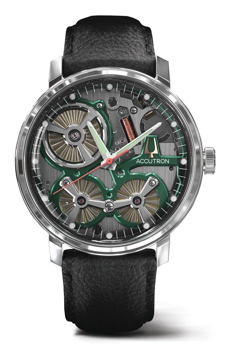Accutron Men's Spaceview Black Leather Strap Watch w/Green Dial