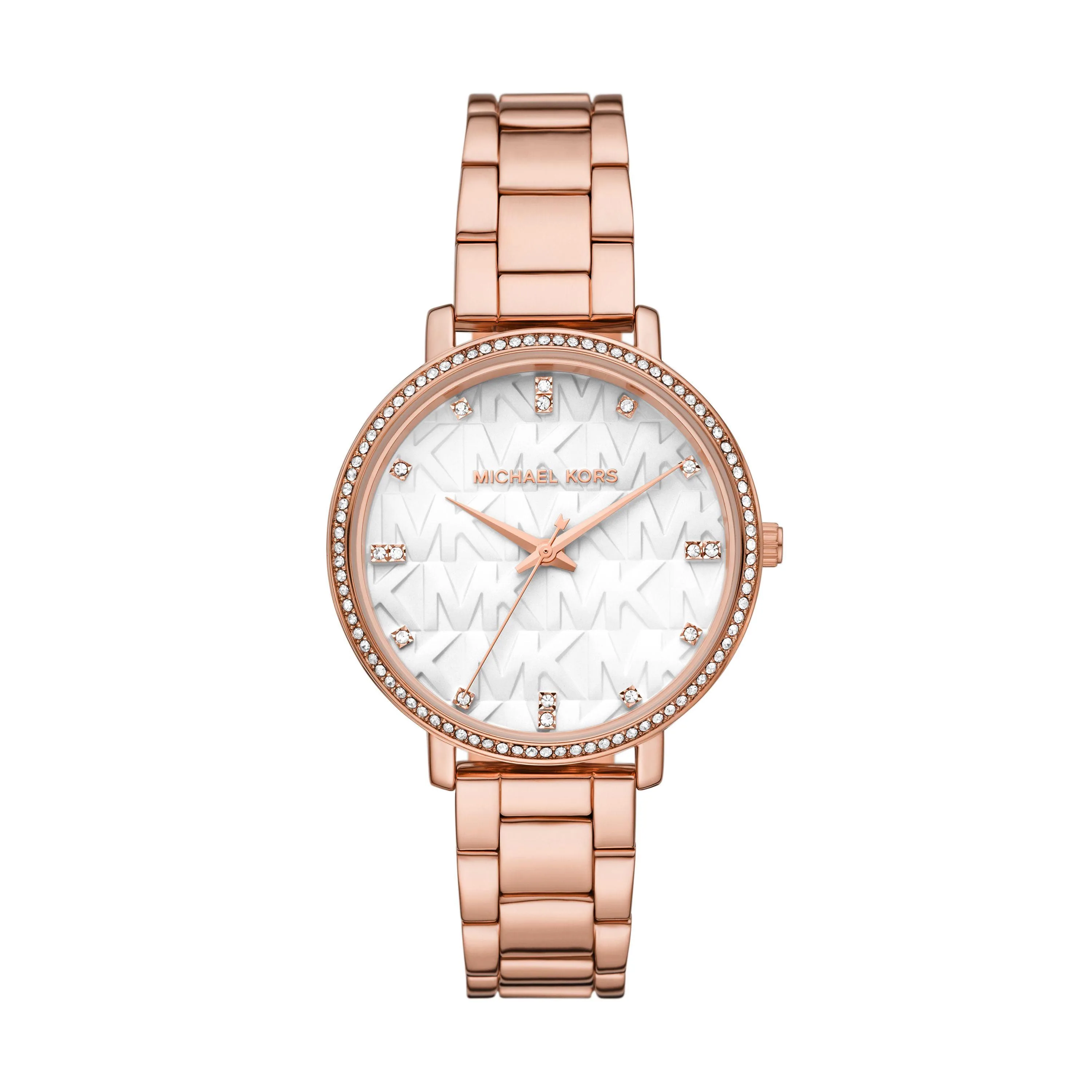 Michael Kors Ladies Pyper Rose Gold-Tone Stainless Steel Watch White Mk Logo Dial