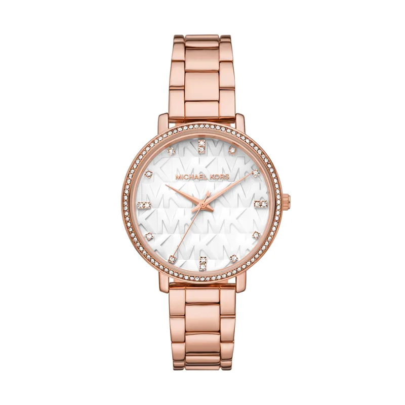 Michael Kors Ladies Pyper Rose Gold-Tone Stainless Steel Watch White Mk Logo Dial