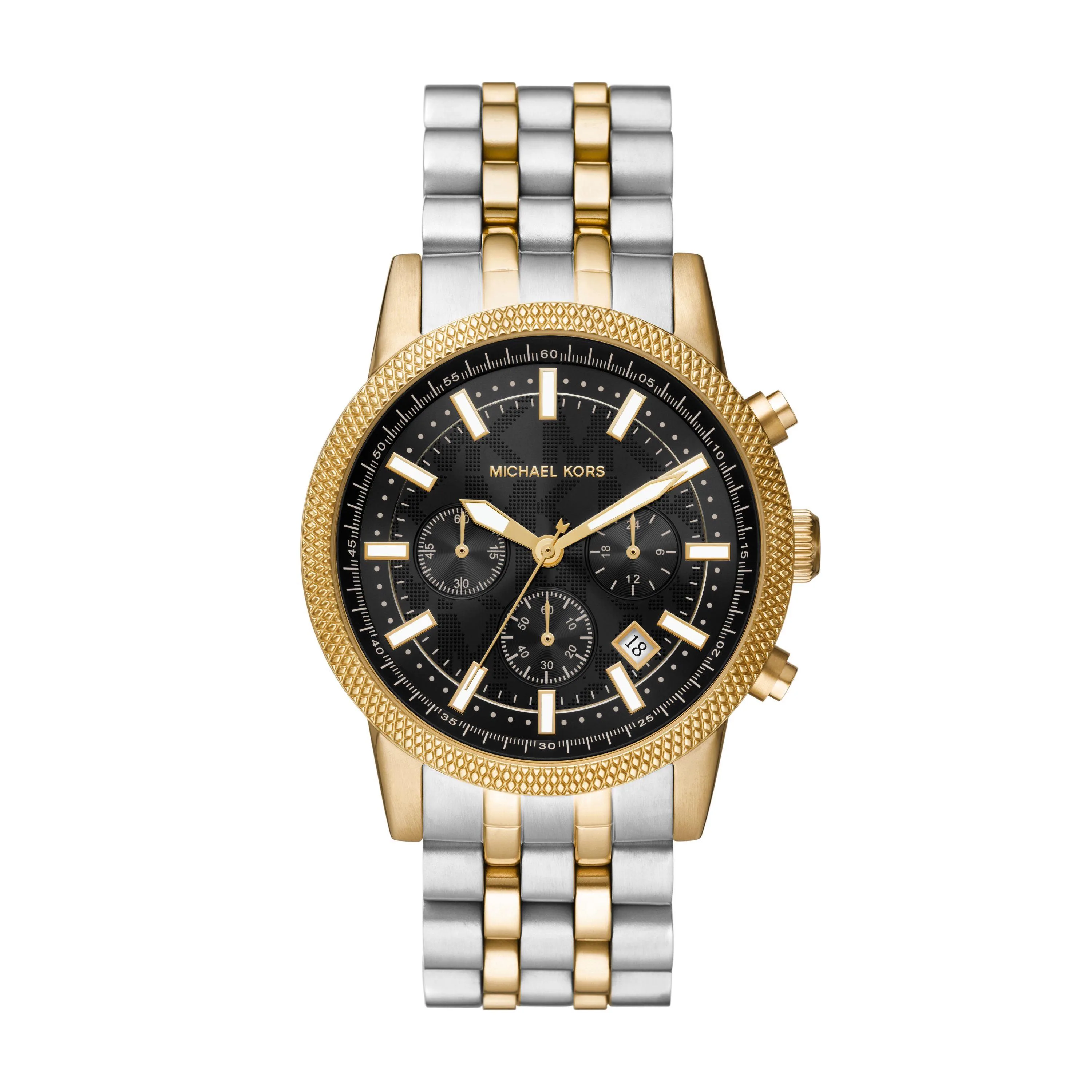 Michael Kors Mens Oversized Hutton Two-Tone Stainless Steel Chronograph Watch Black Dial