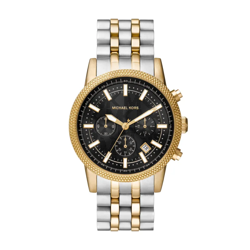 Michael Kors Mens Oversized Hutton Two-Tone Stainless Steel Chronograph Watch Black Dial