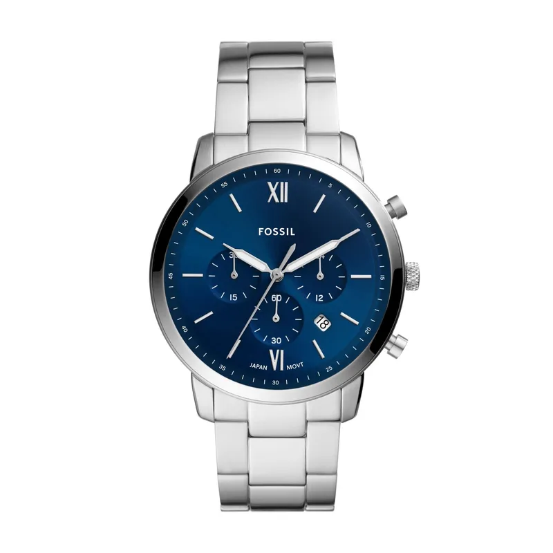 Fossil Men's Neutra Chronograph Silver-Tone Stainless Steel Watch Blue Dial