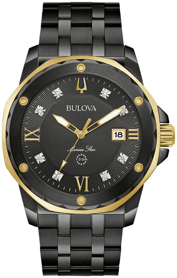 Bulova Watches Men's Marine Star Diamond Dial Black Stainless Steel Watch