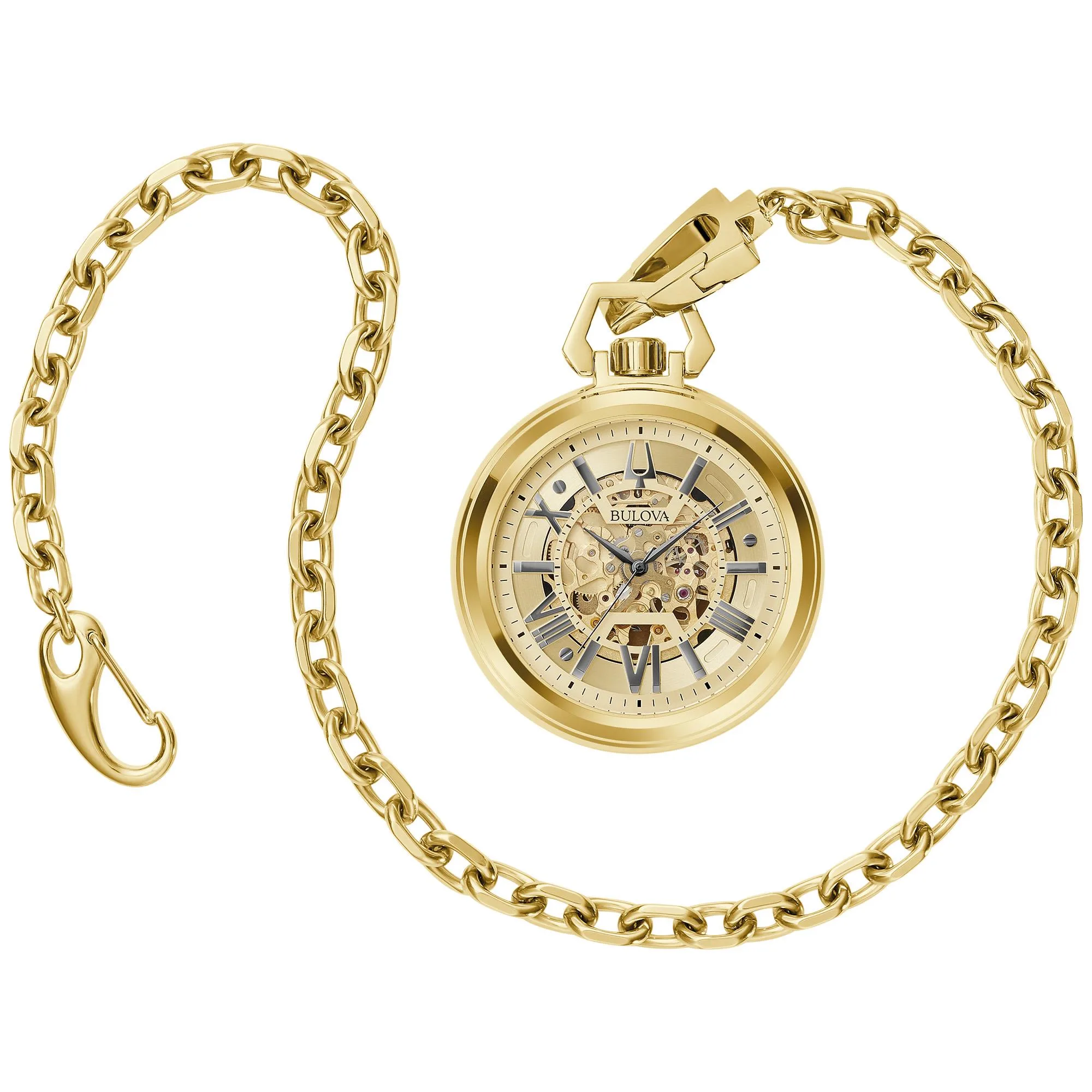 Bulova Watches Mens Sutton Stainless Steel Pocket Chain Watch Gold-Tone Dial