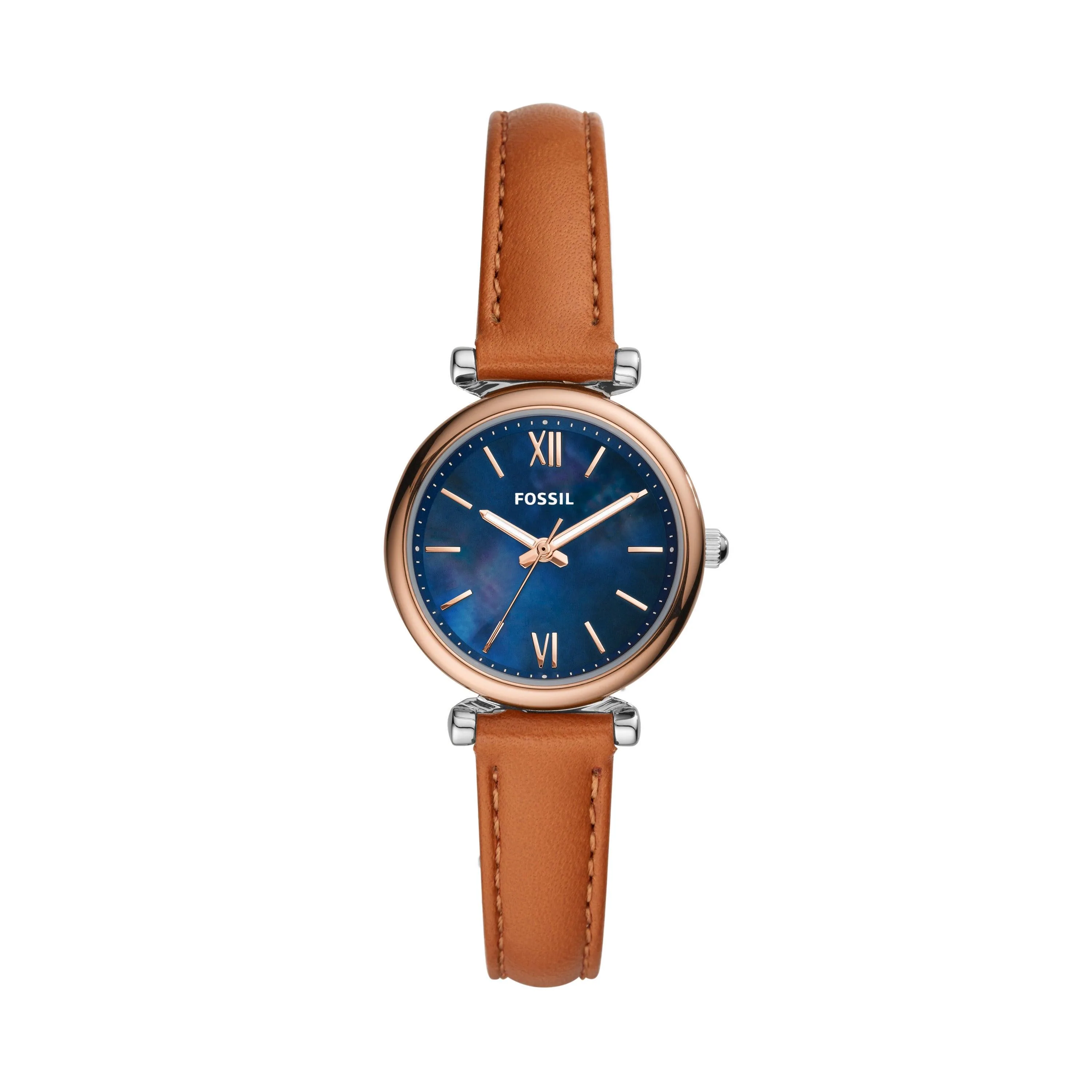 Fossil Ladies Carlie Mini Rose Gold & Tan Leather Strap Watch Blue Mop Dial