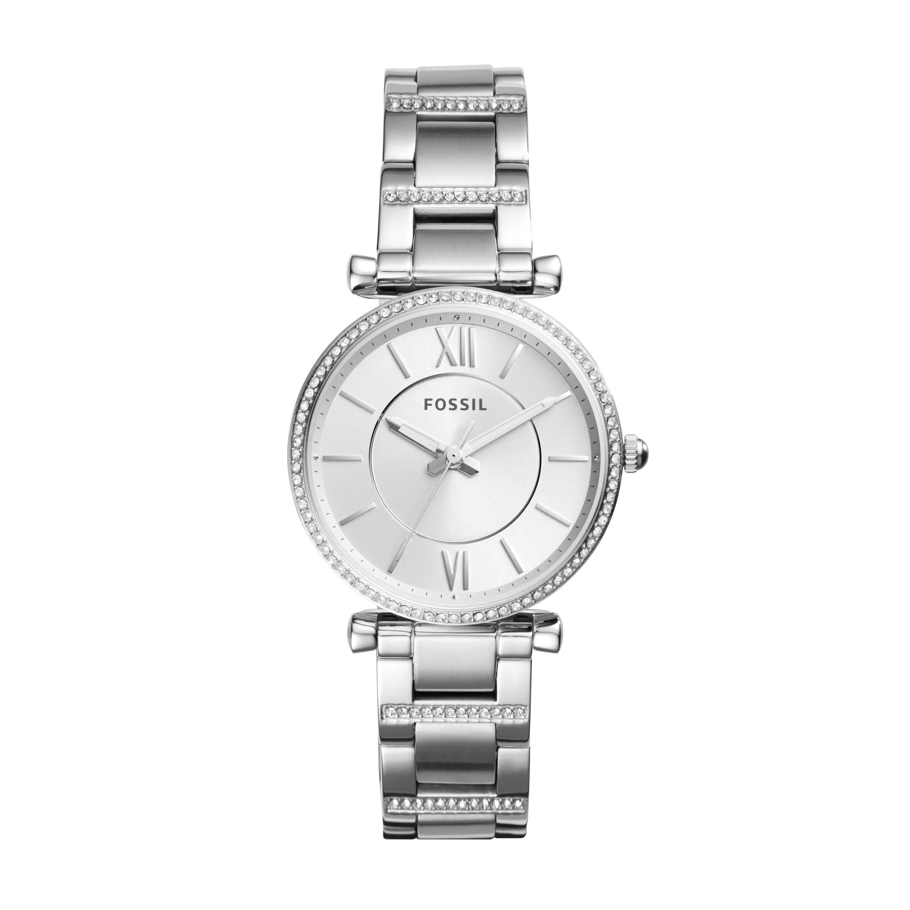 Fossil Ladies Carlie Silver-Tone Crystal Bracelet Watch Silver Dial
