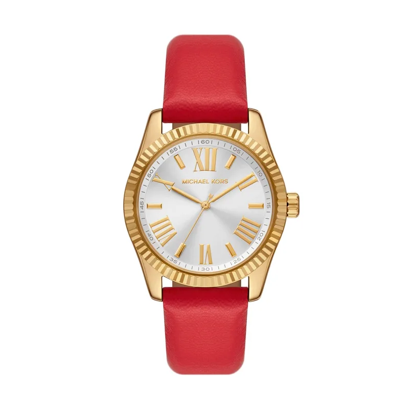 Michael Kors Ladies' Lexington Gold & Red Leather Strap Watch Silver White Dial