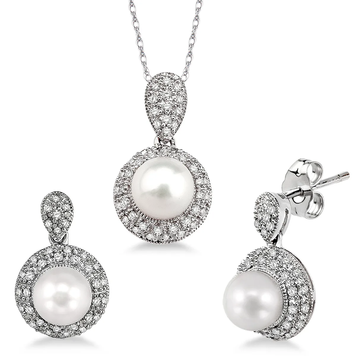 Jilco Inc Round Pearl Earring & Necklace Set - White Gold