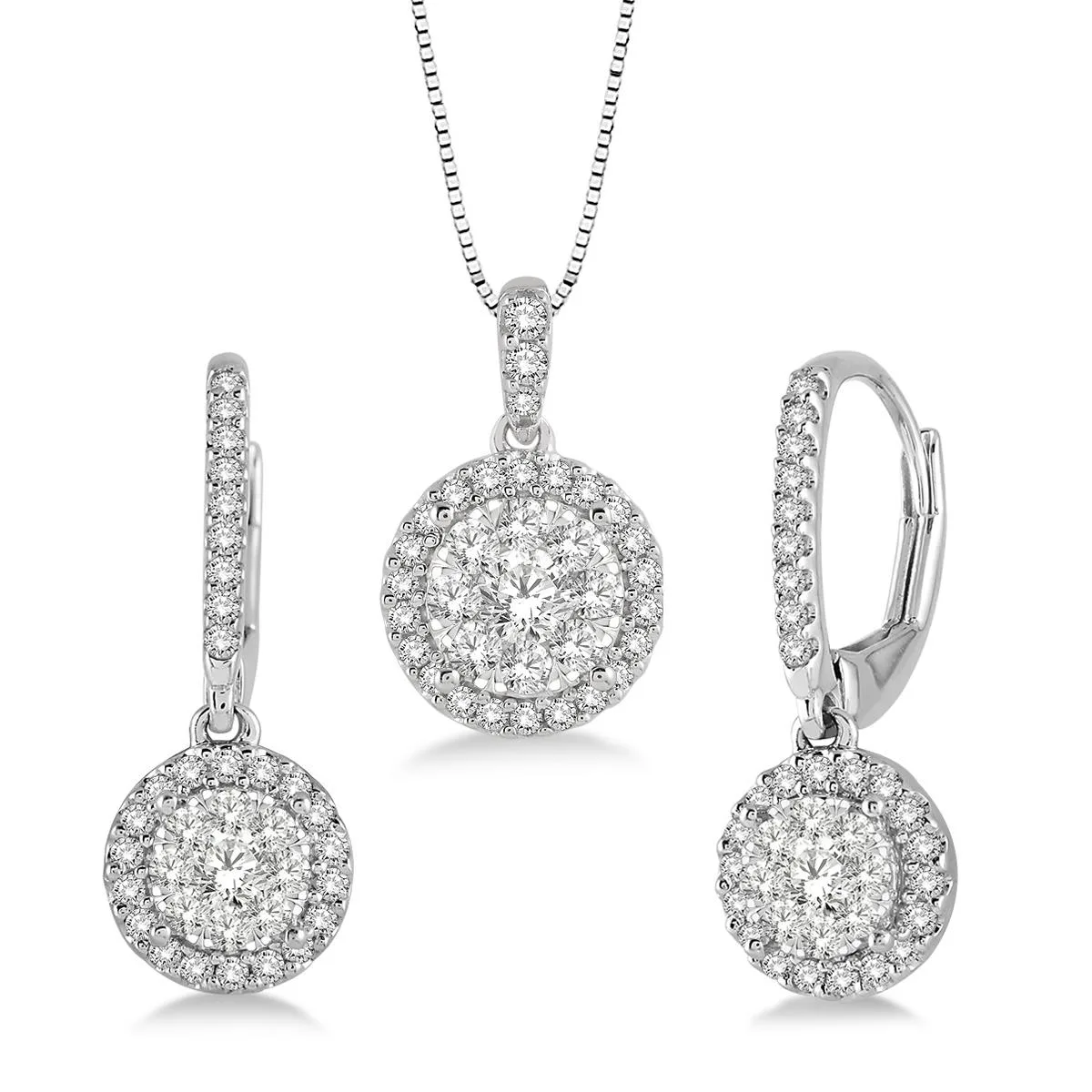 Jilco Inc Diamond Cluster Earring And Necklace Set - Silver/White
