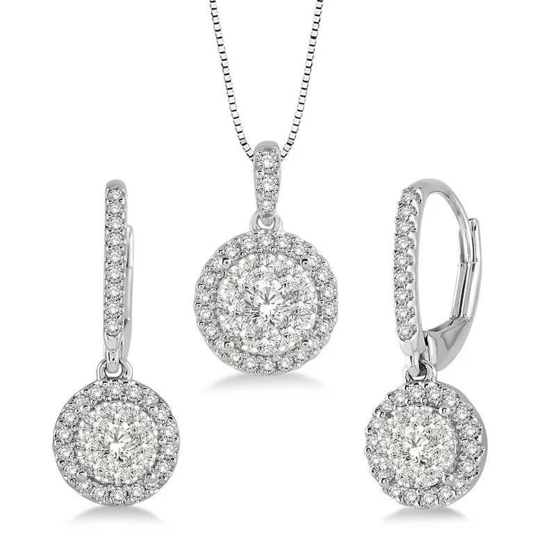 Jilco Inc Diamond Cluster Earring And Necklace Set - Silver/White