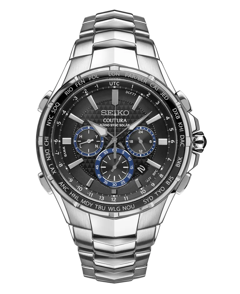 Seiko Watch Mens Coutura Solar Radiowave Chronograph Silver Case Black Dial