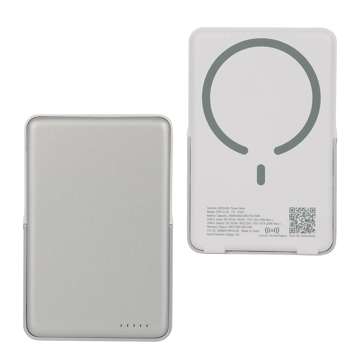 Slimline 5000mAh 20W PD Aluminum Power Bank with 15W Magnetic Wireless Char view 2