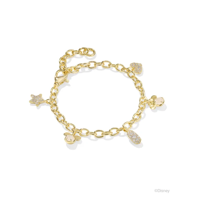 Kendra Scott Disney Gold Mickey and Minnie Mouse Charm Bracelet in Iridescent White Mix