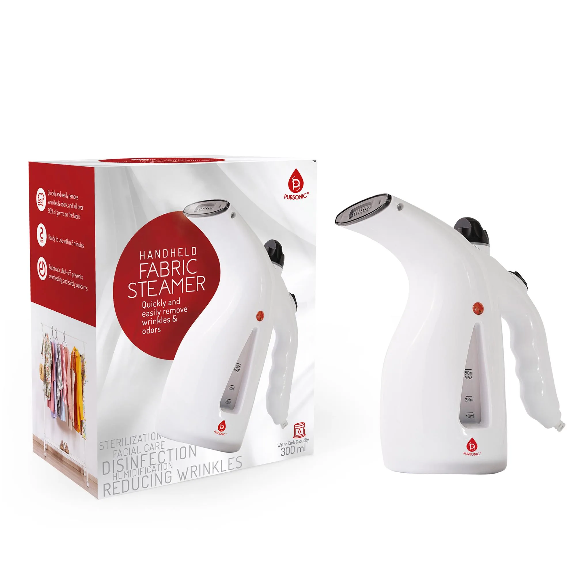 Pursonic 300Ml Handheld Fabric Fast 2 Minute Heat-Up Powerful Travel Clothes Garment Steamer - White