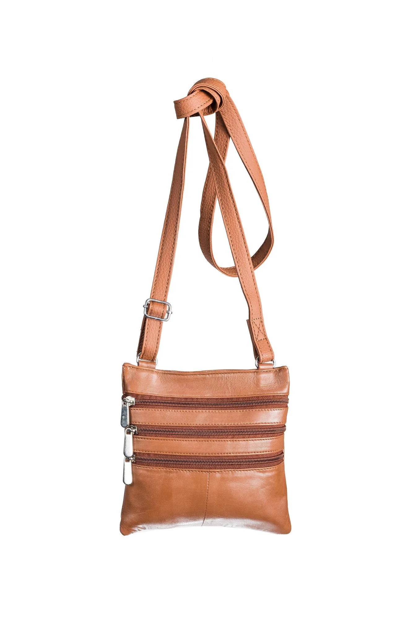 Champs Luggage Tan Leather Triple Zip Crossbody Bag Size 7"X7"X0.5"