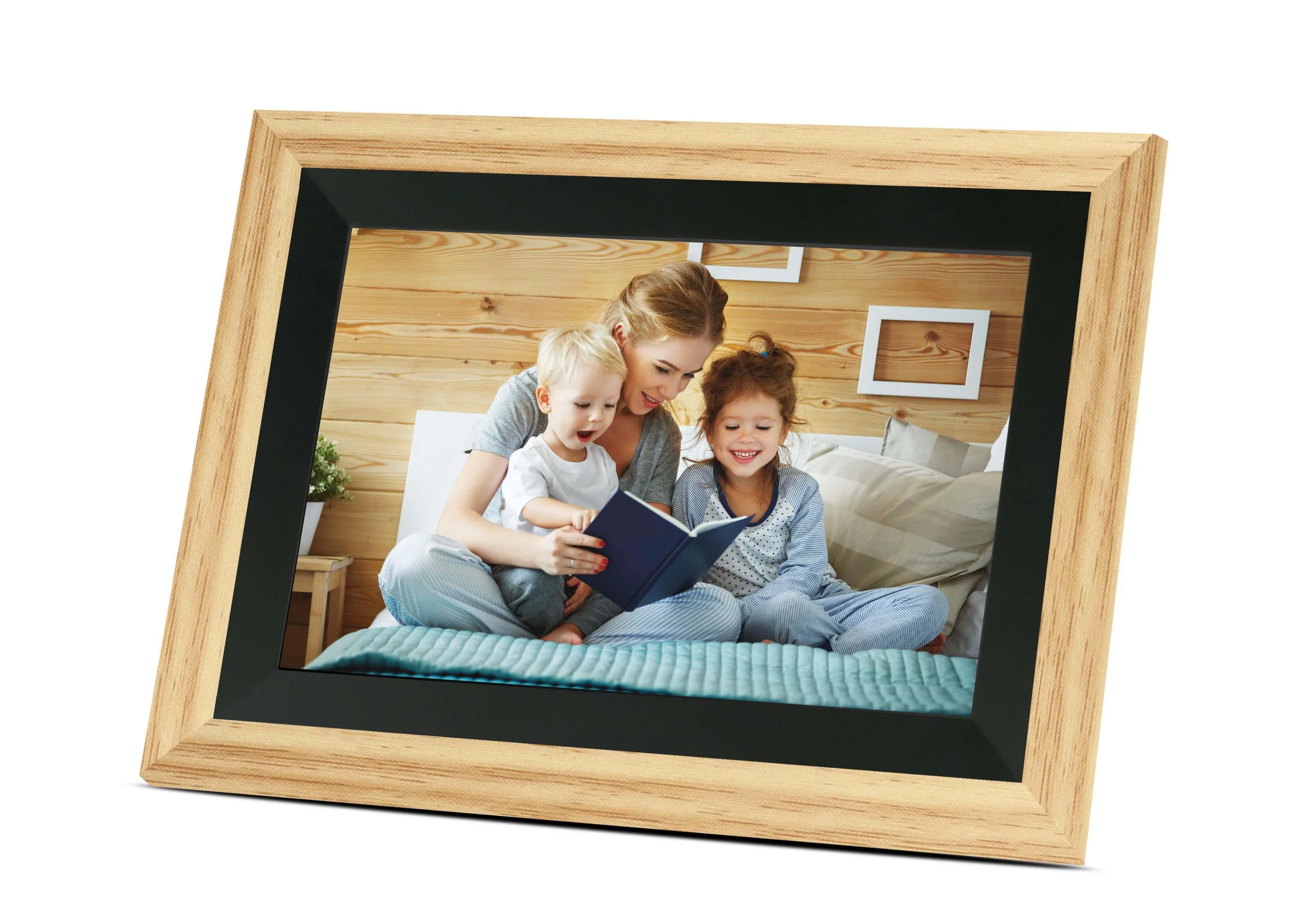 Bell+Howell 10.1" Smart Digital Photo Frame - Black/Honey Oak Beige Wood