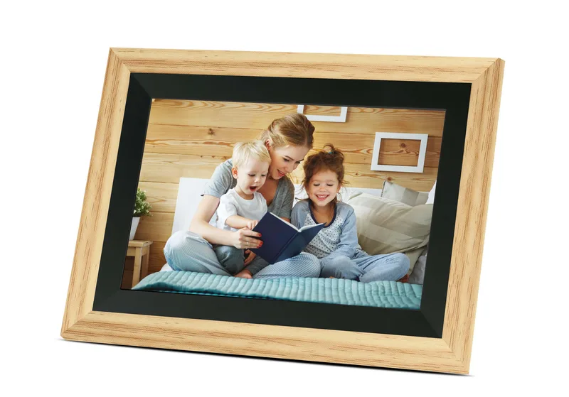 Bell+Howell 10.1" Smart Digital Photo Frame - Black/Honey Oak Beige Wood